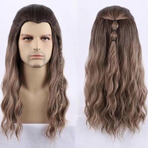 Long Curly Wigs for Men Thor Endgame Heat Resistant Synthetic Wig Brown Mixed